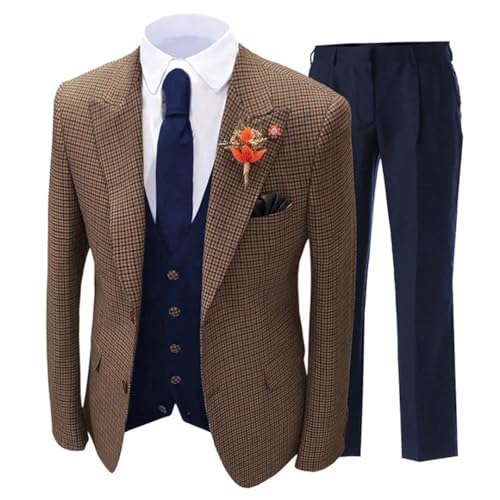 Orange Men Suit 3 Piece Version Slim Fitting Plaid Stripes Suitable for Wedding Banquets Jacket Vest and Pants