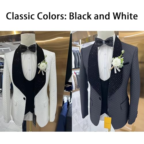 Men's 3 Piece Slim Fit Cotton Square Patterned Jacquard Shawl Lapel with Stone Tuxedo Suit for Wedding Prom Dinner