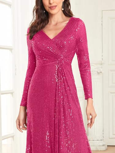 Glitter Sequin Formal Evening Gown Long Sleeve V Neck Wedding Guest Dress for Women