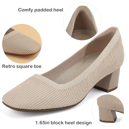 Low Chunky Heels Dress Shoes for Women Comfortable Knit Block Heeled Pumps Square Closed Toe Dressy Casual Wedding Party Prom