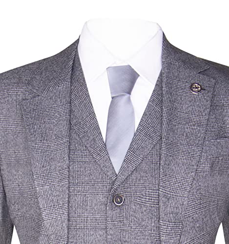 Mens Grey 3 Piece Suit Prince of Wales Check Classic Tailored Fit Wedding Suit