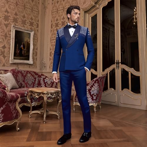 2 Pieces Men Tuxedo Suit with Rhinestones Shawl Lapel Blazer Slim Jacket Pants Set for Wedding，Prom,Party,Dinner