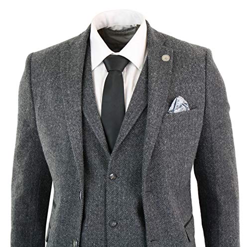 Mens Grey Black 3 Piece Tweed Suit Herringbone Wool Vintage Retro