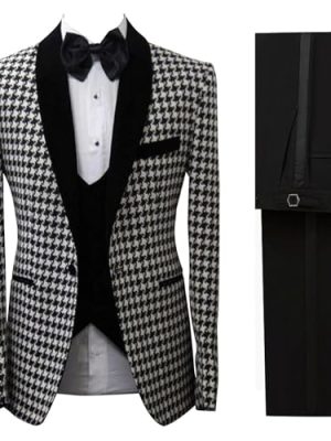 Men's 3 Pieces Slim Fit Houndstooth Velvet Shawl Lapel Tuxedo Suits Jacket Pants Set for Wedding Prom Dinner
