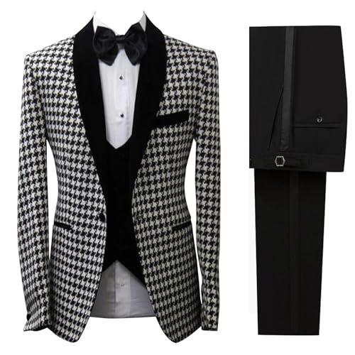 Men's 3 Pieces Slim Fit Houndstooth Velvet Shawl Lapel Tuxedo Suits Jacket Pants Set for Wedding Prom Dinner