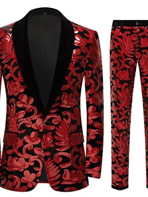 Men Fashionable Floral Pattern Sequins Two Pieces Set Suits