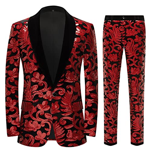 Men Fashionable Floral Pattern Sequins Two Pieces Set Suits