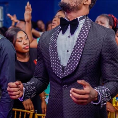 Men's 3 Piece Slim Fit Cotton Square Patterned Jacquard Shawl Lapel with Stone Tuxedo Suit for Wedding Prom Dinner