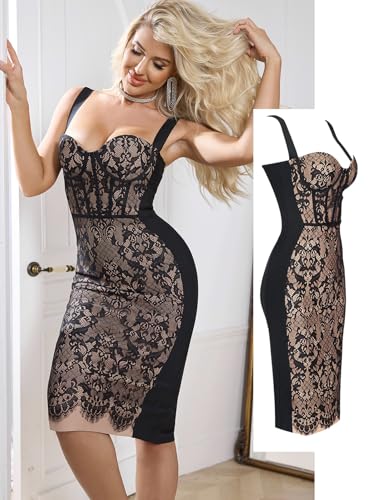 Lace Fishbone Midi Cocktail Party Bandage Dress for Women Back Slit Wedding Guest Dress