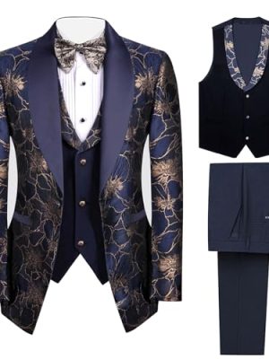 3 Pieces Men's Tuxedo Paisley Groom Wedding Blazer Jacket Vest Pants Sets Floral Formal Suits for Party,Dinner,Prom