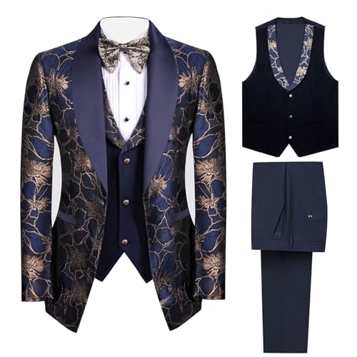 51DI7qXVhrL.jpg 3 Pieces Men's Tuxedo Paisley Groom Wedding Blazer Jacket Vest Pants Sets Floral Formal Suits for Party,Dinner,Prom