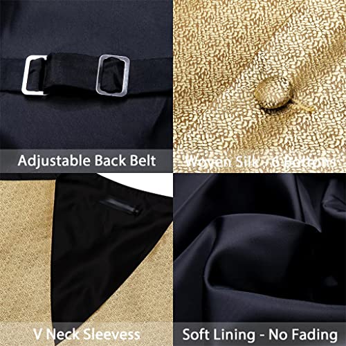 FMURY 5PCS Gold Solid Wedding Vest Men's Suit Silk Tie Cufflinks Brooch Suit Formal Vest Vest