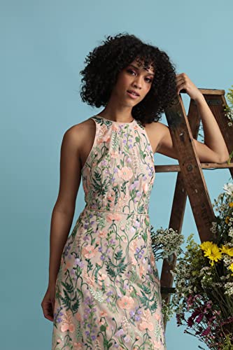 Women's Garden Embroidered Mesh Halter Midi Dress-Perfect for Wedding Guest & Special Occasions