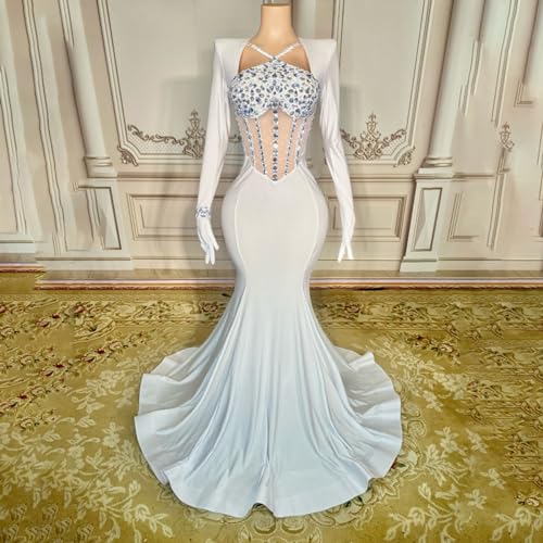 White Satin Crystals Mermaid Prom Evening Wedding Party Dress Celebrity Pageant Wedding Guest Gown Bridal Gown