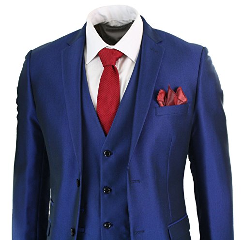 51IVHZuhyGL.jpg Mens 3 Piece Shiny Blue Wedding Prom Party Suit Tailored Fit Smart Formal