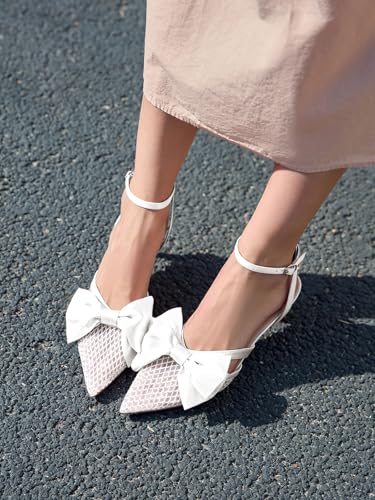 Womens Kitten Low Heels Rhinestone Mesh Bow Heels Closed Pointed Toe Ankle Strap Pumps Dress Wedding Shoes