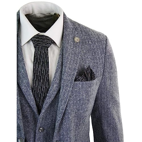 51K-WpeXXrL.jpg Mens Light Grey 3 Piece Tweed Suit Herringbone Wool Vintage Retro