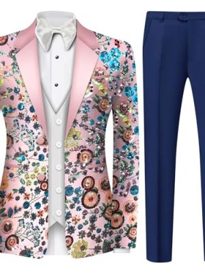 Mens Applique Floral Suit 2 Piece Suquin Pattern Slim Fit Men's Suit Set Party Dress 2 Button Blazer Pants
