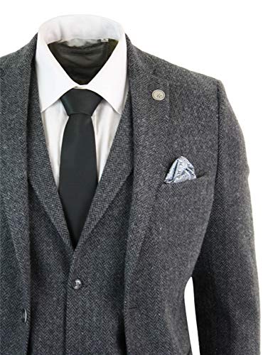 Mens Grey Black 3 Piece Tweed Suit Herringbone Wool Vintage Retro
