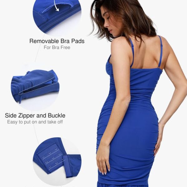 Corset Dress Built in Shapewear Bodycon Cocktail Dresses for Women Wedding Guest Deep V Neck Mesh Ruched Maxi Dress