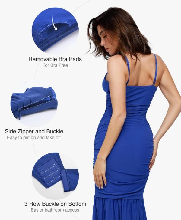 Corset Dress Built in Shapewear Bodycon Cocktail Dresses for Women Wedding Guest Deep V Neck Mesh Ruched Maxi Dress