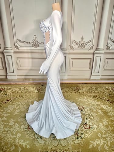 White Satin Crystals Mermaid Prom Evening Wedding Party Dress Celebrity Pageant Wedding Guest Gown Bridal Gown