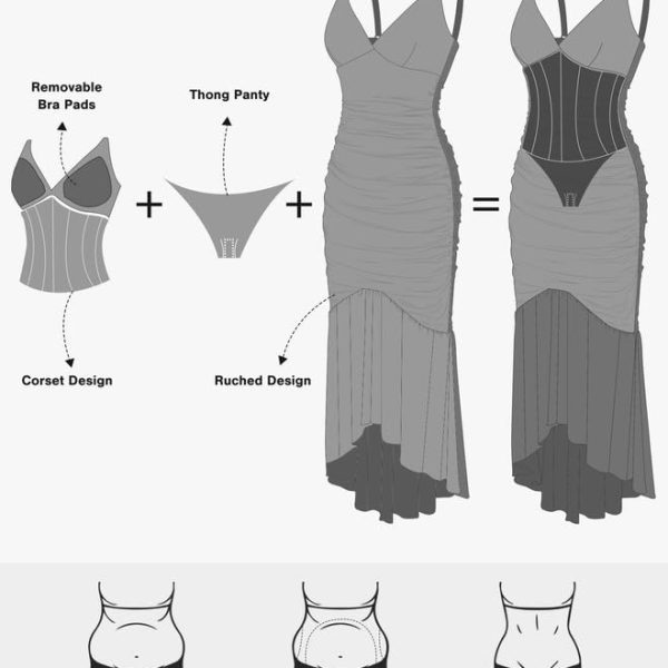 Corset Dress Built in Shapewear Bodycon Cocktail Dresses for Women Wedding Guest Deep V Neck Mesh Ruched Maxi Dress