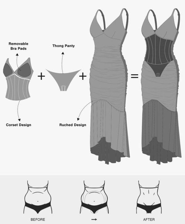 Corset Dress Built in Shapewear Bodycon Cocktail Dresses for Women Wedding Guest Deep V Neck Mesh Ruched Maxi Dress