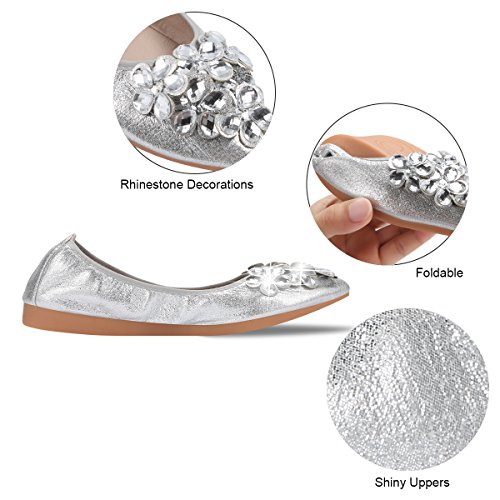 Women Ballet Flats Rhinestone Wedding Ballerina Shoes Foldable Sparkly Comfort Slip on Flat Shoes