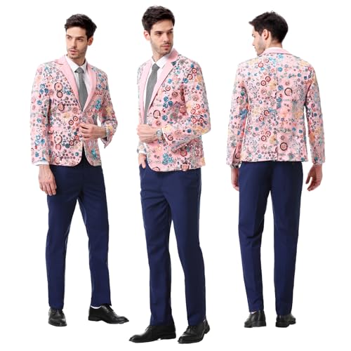 Mens Applique Floral Suit 2 Piece Suquin Pattern Slim Fit Men's Suit Set Party Dress 2 Button Blazer Pants