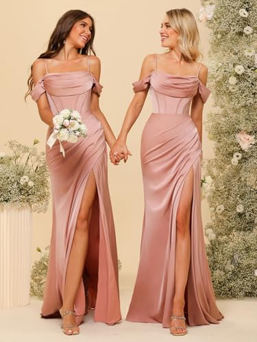 Off Shoulder Satin Bridesmaid Dress Long Mermaid Corset Prom Dress for Women Formal Gown with Slit