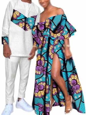 African Couple Matching Clothes, Women Ruffles Sleeve Fit Dresses Dashiki Men Shirt Pants Sets For Wedding Evening