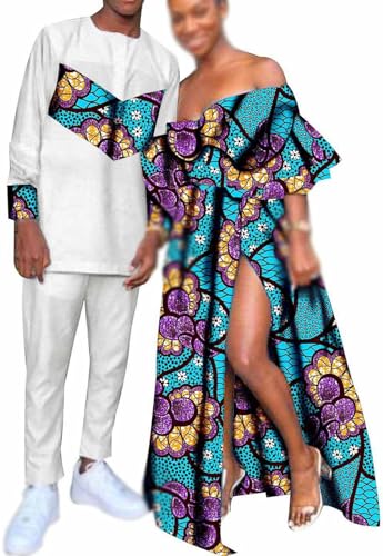 African Couple Matching Clothes, Women Ruffles Sleeve Fit Dresses Dashiki Men Shirt Pants Sets For Wedding Evening