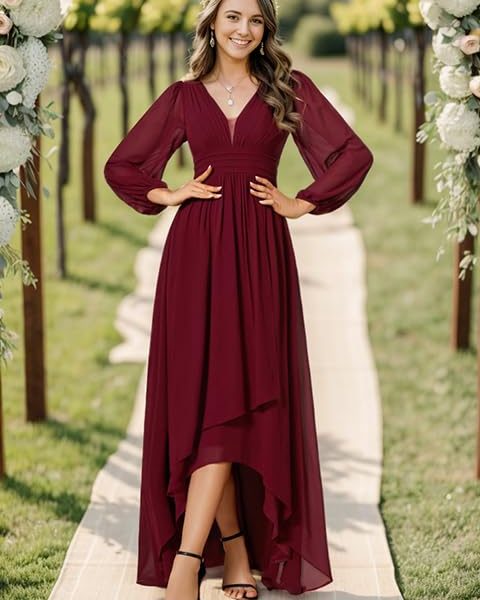 Women's Fall Lantern Sleeve A Line High Low Bridesmaid Dresses 02043