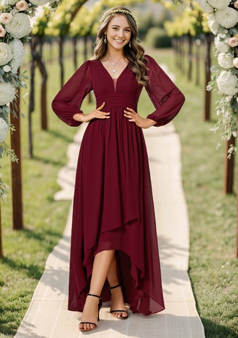 Women's Fall Lantern Sleeve A Line High Low Bridesmaid Dresses 02043