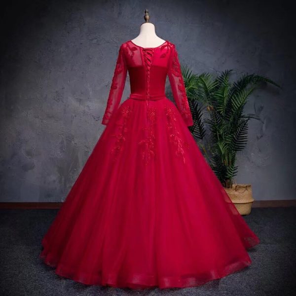Velvet Floral Applique Formal Dresses for Wedding Long Sleeve Pearls Quinceanera Dress A-line Prom 2025