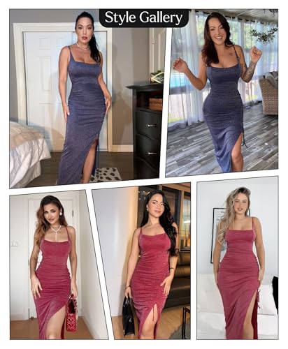 Sparkly Cocktail Dresses for Women Tummy Control Formal Shapewear Dress Square Neck Ruched Midi Dress Side Slit