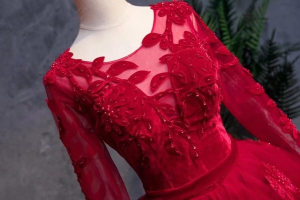 Velvet Floral Applique Formal Dresses for Wedding Long Sleeve Pearls Quinceanera Dress A-line Prom 2025