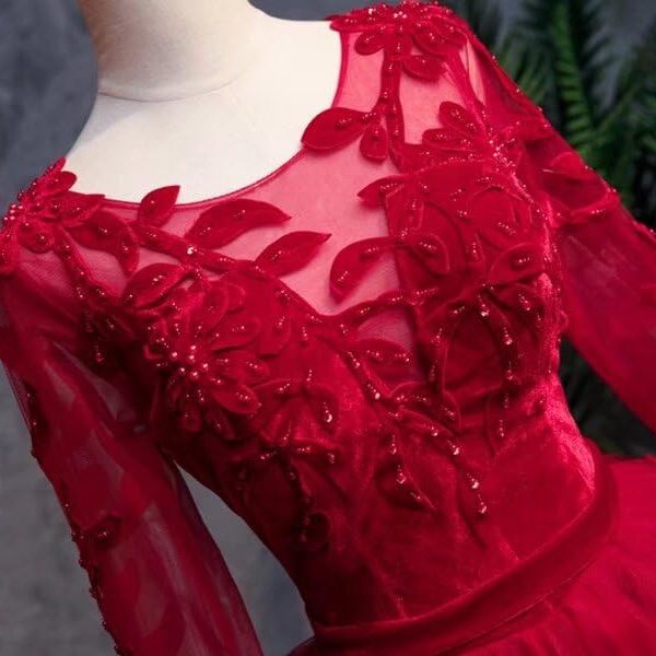 Velvet Floral Applique Formal Dresses for Wedding Long Sleeve Pearls Quinceanera Dress A-line Prom 2025