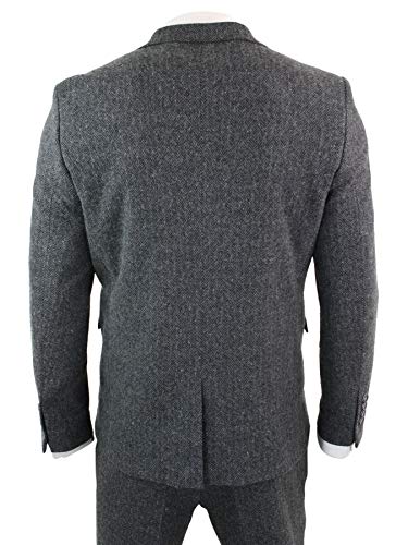 Mens Grey Black 3 Piece Tweed Suit Herringbone Wool Vintage Retro