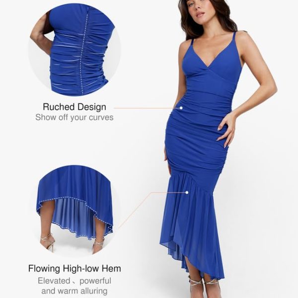 Corset Dress Built in Shapewear Bodycon Cocktail Dresses for Women Wedding Guest Deep V Neck Mesh Ruched Maxi Dress