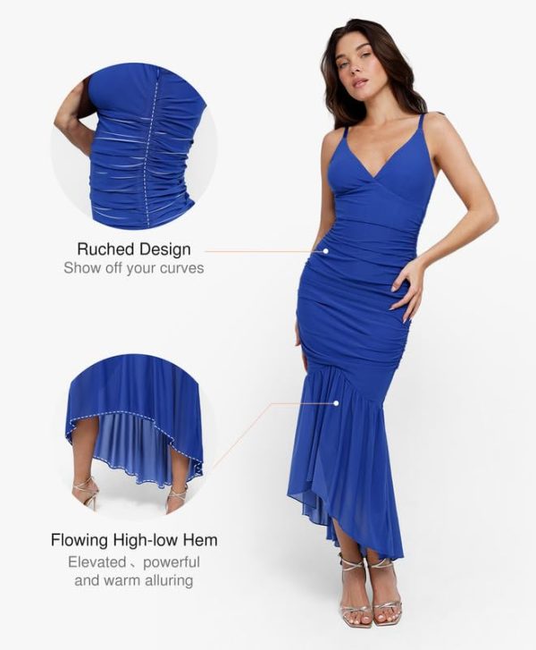Corset Dress Built in Shapewear Bodycon Cocktail Dresses for Women Wedding Guest Deep V Neck Mesh Ruched Maxi Dress