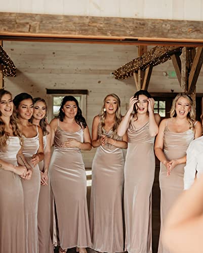 Women's Cowl Neck Velvet Bridesmaid Dresses Long Modern Formal Wedding Guest Dress with Side Slit M005