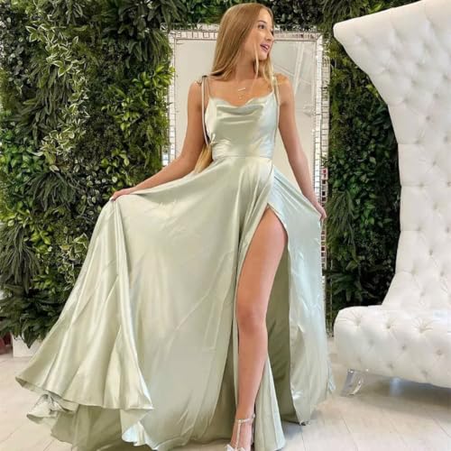 Cowl Neck Satin Bridesmaid Dresses Long with Slit Spaghetti Straps Formal Prom Evening Gowns with Pockets 2025