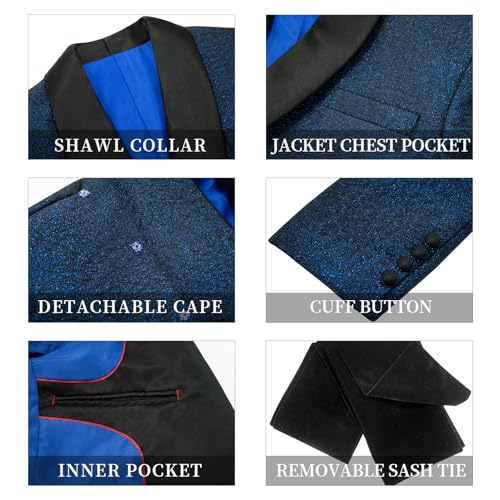 Mens 3 Pieces Royal Blue Tuxedo Set Slim Fit Prom Graduation Party Jacquard Jacket Pants with Removable Satin Cape