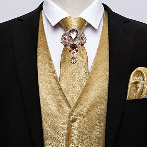 FMURY 5PCS Gold Solid Wedding Vest Men's Suit Silk Tie Cufflinks Brooch Suit Formal Vest Vest