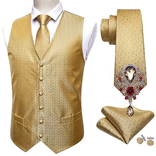 FMURY 5PCS Gold Solid Wedding Vest Men's Suit Silk Tie Cufflinks Brooch Suit Formal Vest Vest