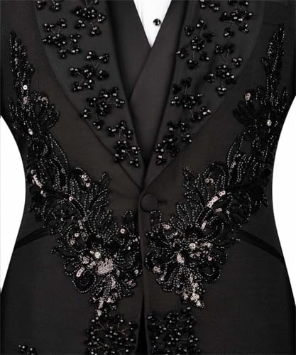Men's Black Tuxedo with Flower Applique Beaded Tuxedo Slim Fit Shawl Lapel Blazer for Dinner Prom Wedding