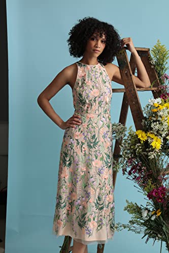 Women's Garden Embroidered Mesh Halter Midi Dress-Perfect for Wedding Guest & Special Occasions