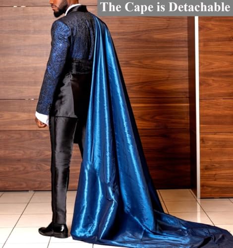 Mens 3 Pieces Royal Blue Tuxedo Set Slim Fit Prom Graduation Party Jacquard Jacket Pants with Removable Satin Cape